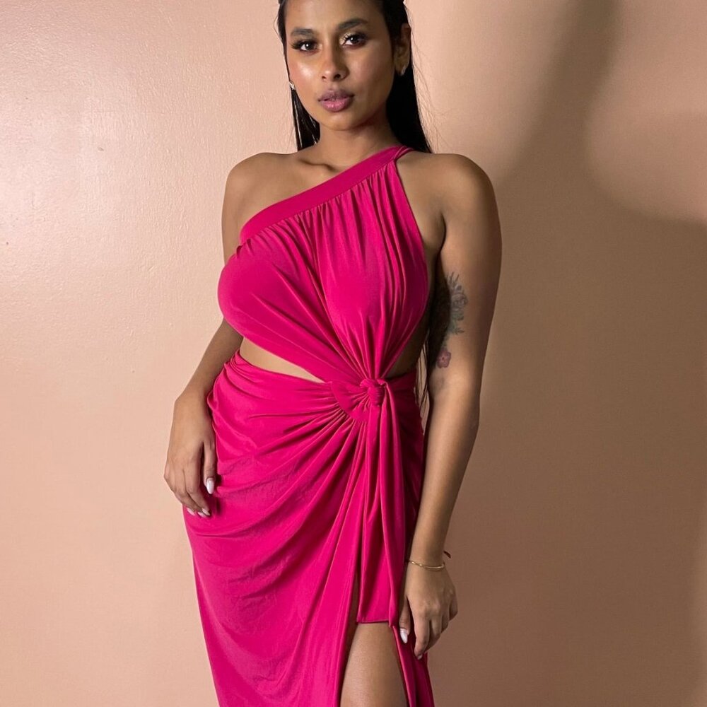 New NWOT J.Angelique Disa Dress in Fuschia pink maxi wrap backless split hem